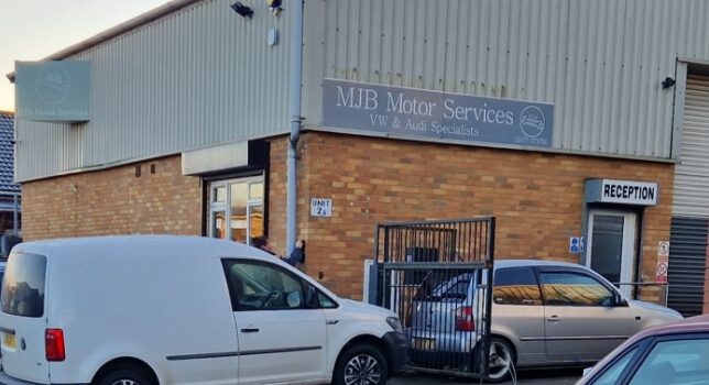 Exterior building with sign for MJB Motor Services